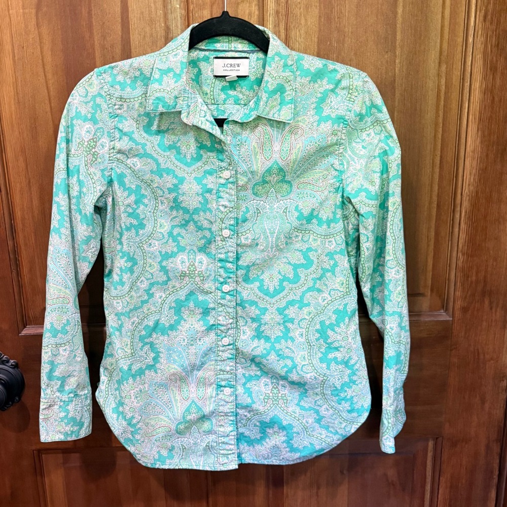 J.Crew Collection Green Paisley‎ Cotton Button Down Shirt Re-Imagined Size 2